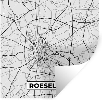 Muurstickers - Sticker Folie - Stadskaart – Zwart Wit - Kaart – Roeselare – België – Plattegrond - 100x100 cm - Plakfolie - Muurstickers Kinderkamer - Zelfklevend Behang XXL - Zelfklevend behangpapier - Stickerfolie
