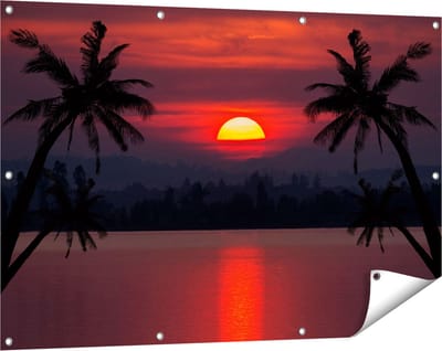 Gards Tuinposter Zonsondergang op het Strand met Palmbomen - 120x80 cm - Tuindoek - Tuindecoratie - Wanddecoratie buiten - Tuinschilderij