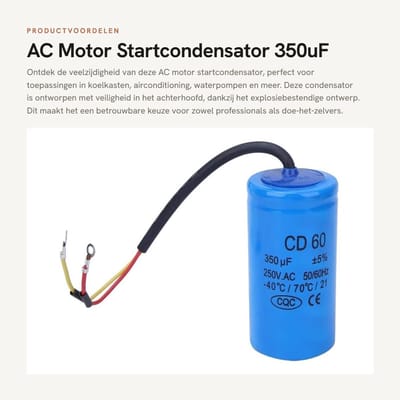 Dailygoods- Motorcondensator 350uF 250V - Startcondensator - Explosiebestendig - Zelfherstellend - Geschikt voor AC-motor - Lange levensduur