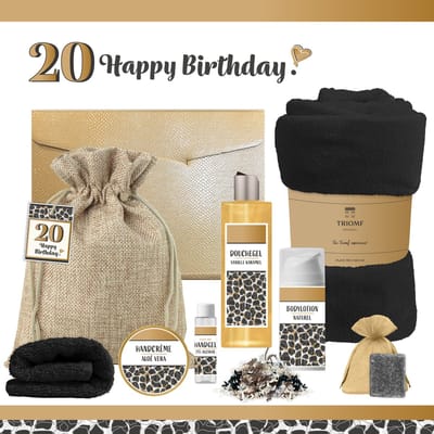 Geschenkset “20 Jaar Happy Birthday!” - 8 producten - 1210 gram - Triomf Cosmetica | Luxe wellness cadeaubox voor haar Giftset Feestje Twintig jaar Cadeau Pakket Verjaardag Gefeliciteerd Verjaardagscadeau Vrouw Party Twenty Years Panter Zwart Goud