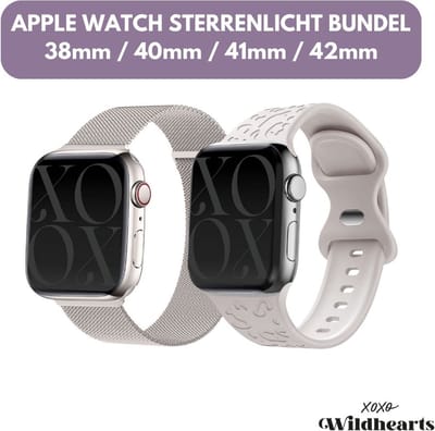 xoxo Wildhearts Sterrenlicht Bundel - 2x Luxe band geschikt voor Apple Watch bandje - Series 1/2/3/4/5/6/7/8/9/10/SE - Maat: 38 mm / 40 mm / 41 mm / 42 mm - Milanese band en Siliconen band met Luipaard Patroon - iWatch bandje - Starlight