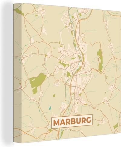 Canvas Schilderij Marburg - Vintage - Plattegrond - Kaart - Stadskaart - 20x20 cm - Wanddecoratie