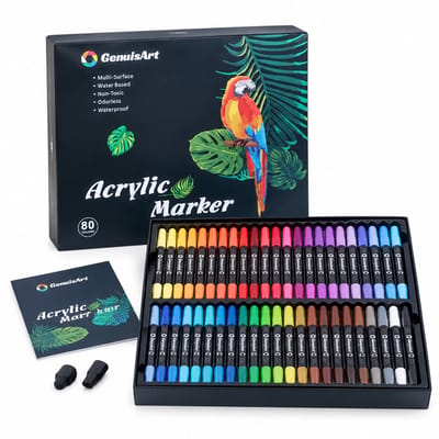Acrylmarkers - 80 kleuren, variant B - Over elkaar aan te brengen, watervast en sneldrogend - Dubbele ronde punt voor tekenen - Basisverpakking