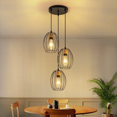 NETTLIFE Hanglamp Vintage 3-lichts Eettafellamp - Zwarte Hanglamp Metaal & Hout - E27 Retro Pendellamp - voor Woonkamer Slaapkamer & Keuken (Zonder Lampen)