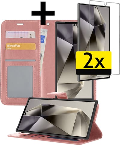 Hoesje - Met 2x Screenprotector - Geschikt voor Samsung Galaxy S24 Ultra - Luxe Pasjeshouder - Bookcase Portemonee - Flip Case - Kunstleer Book Case - Flipcase Hoes - Book Cover - Walletcase - Portemonneehoes - Telefoonhoesjes - Rosé goud