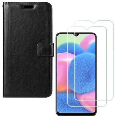 hoesje Geschikt voor: Samsung Galaxy A30S Portemonnee zwart met 2 stuks Glas Screen protector