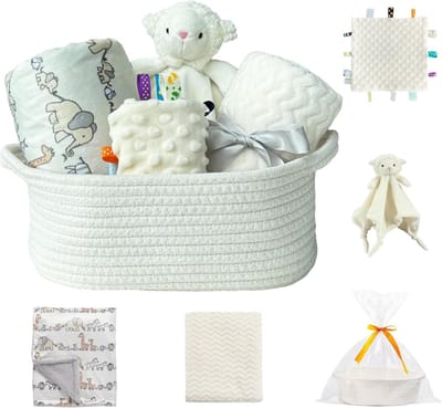 Baby Welkom Cadeauset met Opbergmand, 2 Dekens, Knuffeldoek, Labeldoek en Cadeautas in Ivoorkleur