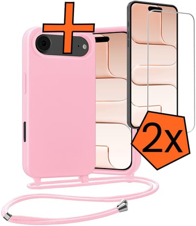 Hoesje Geschikt voor iPhone Air Hoes Met Telefoonketting Met 2x Screenprotector - Backcover Geschikt voor iPhone Air Case Met Koord - Lichtroze