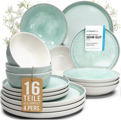 Pure Living Ibiza Light 16-Delig Serviesset - Turquoise - Aardewerk - 4 Personen - Vaatwasserbestendig
