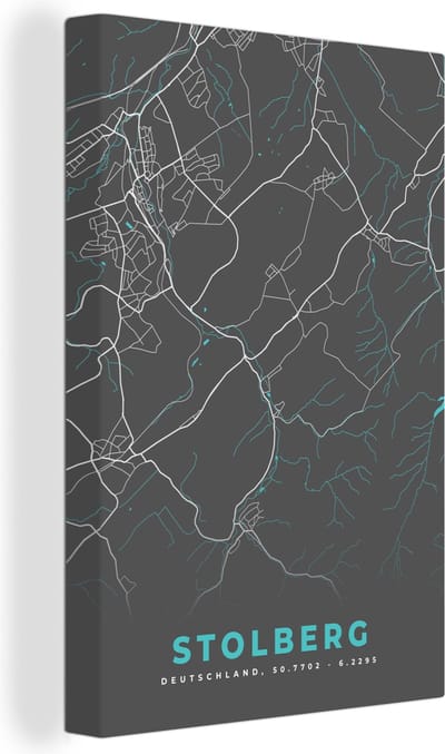 Canvas Schilderij Plattegrond – Stolberg – Blauw – Stadskaart – Kaart - Duitsland - 20x30 cm - Wanddecoratie