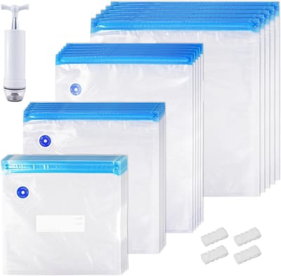 Herbruikbare vacuümzakken met ventielritssluiting, BPA-vrij, voor sous-vide en 3D-filamenten, 20 stuks met pomp en afdichtingsclips voor optimale opslag en versheid