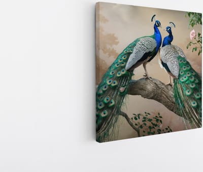 Saammp Canvas Schilderij - 2 Pauwen - Dieren - Natuur - 20x20 - Foto op canvas - Wanddecoratie - muurdecoratie Woonkamer - Slaapkamer decoratie - Canvas Print