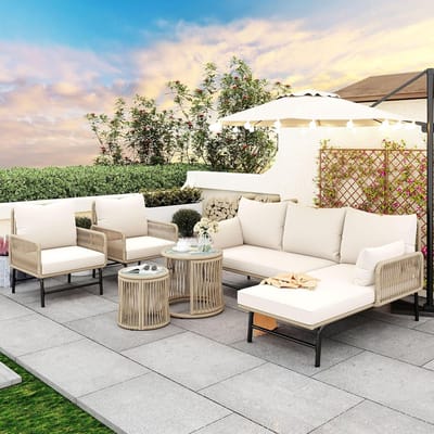 Tuin loungeset 6-zits met 2 tafels en 2 fauteuils – 260 x 180 x 75 cm – Modulaire terrasmeubels met dikke kussens, verstelbare poten en glazen tafelblad – Weerbestendig beige – Laura