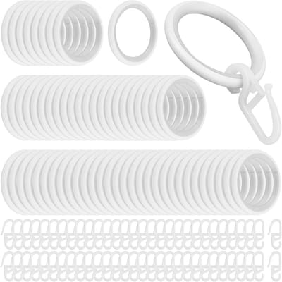 Solidchoice - 60 stuks 30 mm metalen gordijnringen met haken, 60 gordijnringen + 60 kunststof gordijnhaken, gordijnringen wit, gordijnringen met clips voor douchegordijnen, raamgordijnen