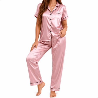Boncy® Pyjama Set Dames Satijn Roze - Pyama Nachtkleding Volwassenen - Pyjamabroek Meisje - Maat S