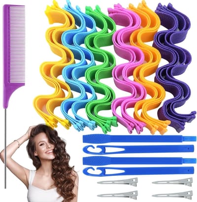 Complete styling set met 30 krulspelden voor lang haar, 4 haarspelden, 1 kam en 2 stylinghaken, zonder hitte en haarbeschadiging