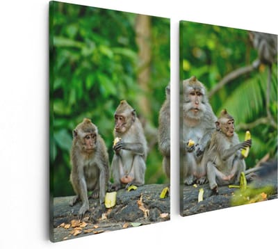 Artaza Canvas Schilderij Tweeluik Groep Apen Eten Bananen In Het Bos - 80x60 - Foto Op Canvas - Canvas Print