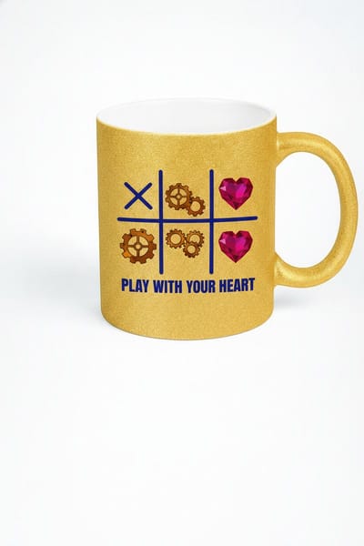 Gouden Glitter Mok met 'Play With Your Heart' Design - Tic-Tac-Toe, Hartjes & Tandwielen | Uniek Cadeau