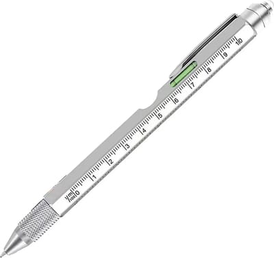 DrPhone Multifunctionele Pen - 9 in 1 – Led licht – Flesopener – Stylus – Waterpas – Plat & Philips Schroevendraaier – Balpen – Clip- Liniaal – Zilver