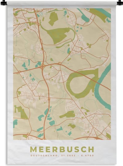 Wandkleed - Wanddoek - Meerbusch - Plattegrond - Kaart - Stadskaart - Vintage - 120x180 cm - Wandtapijt