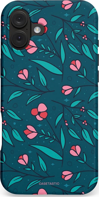 Casetastic hoesje geschikt voor Apple iPhone 16 Plus - MagSafe - Dubbellaagse bescherming - Blauwe Groene Bloemenpracht - Fashion Case - Petrol Donkergrijs