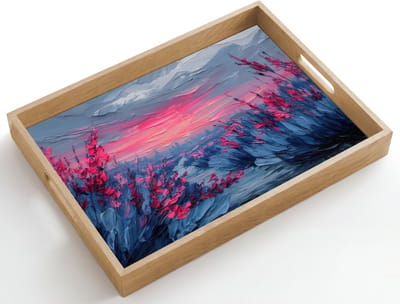 Dienblad hout 50x35 cm - Schootdienblad - Schilderij - Zonsondergang - Bloemen - Rivier - Borrelplank rechthoek - Plateau dienbladen