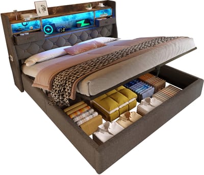 Wishdor Gestoffeerd Bed en Tweepersoonsbed met Hydraulische Opbergruimte - Hoofdbord met LED & USB-C Snellader - Retro Linnen Grijs - 180x200 cm