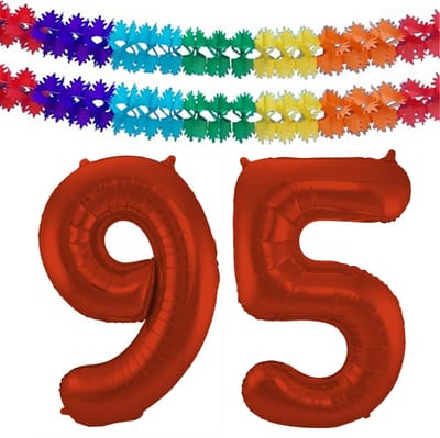 Folat Verjaardag Leeftijd folieballon - 95 jaar - rood - 86 cm - cijferballon groot - incl 2x feestslingers