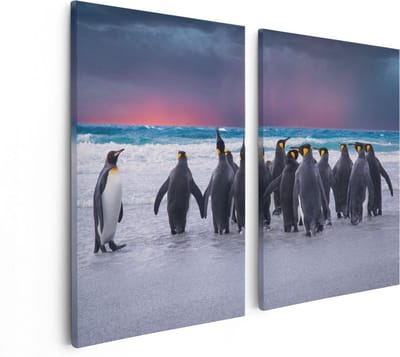 Artaza Canvas Schilderij Tweeluik Groep Pinguïns bij het Water - Kudde - 80x60 - Foto Op Canvas - Canvas Print