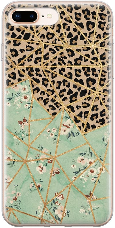 Leuke Telefoonhoesjes - Hoesje geschikt voor iPhone 8 Plus - Luipaard bloemen print - Soft case - TPU - Luipaardprint - Groen