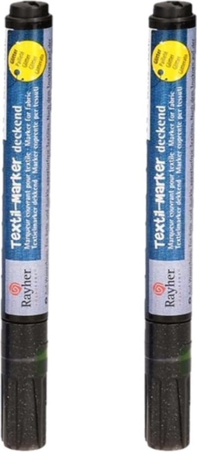 Rayher hobby textielstiften - 2x stuks - glitter zwart - dikke punt - voor op kleding/stof