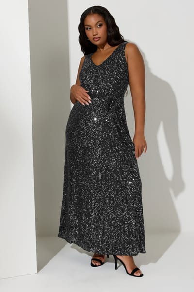 Yours London Mouwloze Maxijurk Met Pailletten En Tailleband In Zwart Size 44