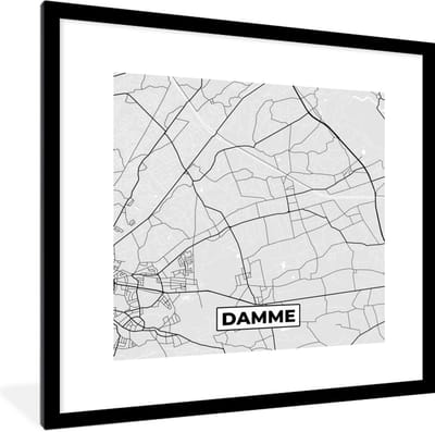 Fotolijst incl. Poster Zwart Wit- Zwart Wit – België – Plattegrond – Stadskaart – Kaart – Damme - 40x40 cm - Posterlijst