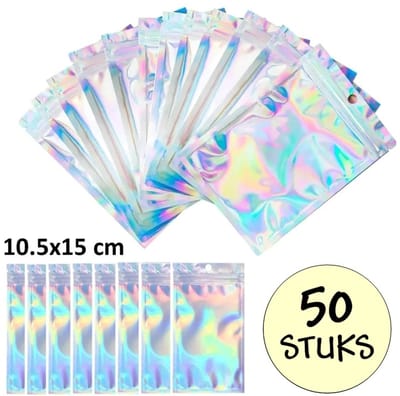 50 Holografische Folie Zip Lock Zakjes Met Gat - Hersluitbare Mylar Zakken - 10.5x15cm - Uitdeelzakjes - Transparant - Snoepzakjes - Cadeauzakjes - 50 Stuks