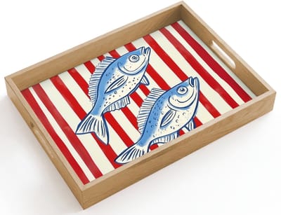 Dienblad hout 40x30 cm - Schootdienblad - Vissen - Verticale strepen - Blauw - Rood - Borrelplank rechthoek - Plateau dienbladen