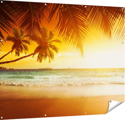Gards Tuinposter Tropisch Strand tijdens Zonsondergang - 150x120 cm - Tuindoek - Tuindecoratie - Wanddecoratie buiten - Tuinschilderij