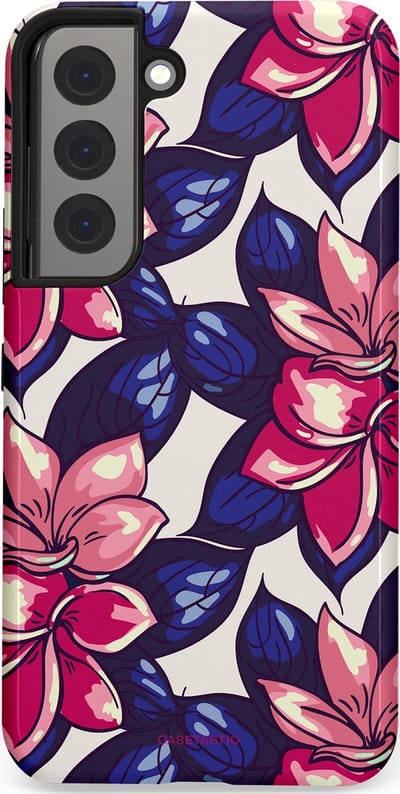 Casetastic hoesje geschikt voor Samsung Galaxy S22 - Dubbellaagse bescherming - Tropen paradijs - Fashion Case - Donkerblauw Roze Koraal Lila