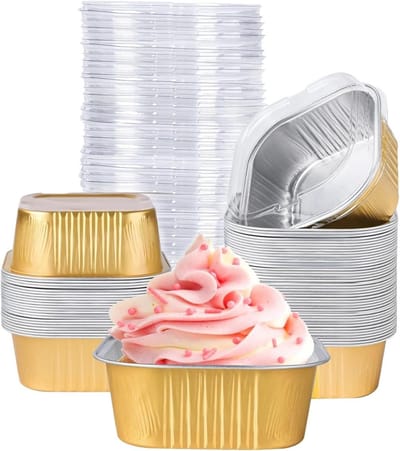 Mini Cake Pans - Brownie Baking Cups - Dessert Baking - Disposable with Lids - 5oz Square - Gold