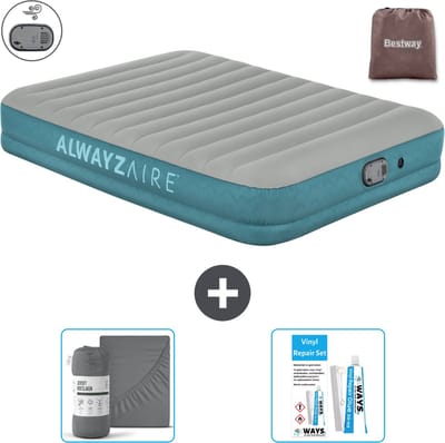 Bestway luchtbed Alwayszair - 2-Persoons -152 x 203 x 36 cm - Grijs/Blauw - Inclusief pomp - Hoeslaken en Reparatieset