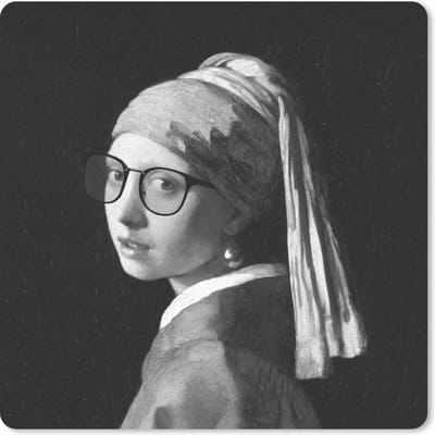 Muismat 20x20 cm - Mousepad Het meisje met de parel - Johannes Vermeer - Zwart - Wit - Muismatten