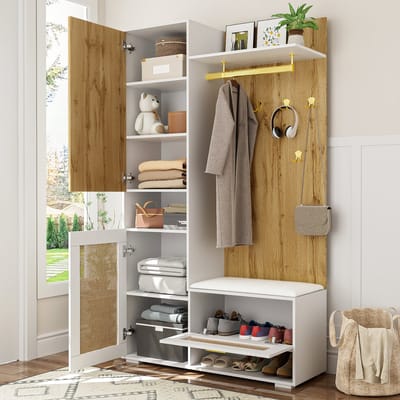 DESMIU Garderobeset - Met Spiegel En Ledverlichting - Met Schoenenkast En Zitbank Voor Hal En Entree - MDF En Spaanplaat - 110x38x190 Cm