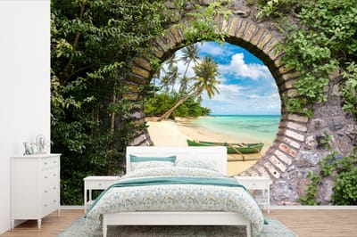 Behang - Fotobehang Strand - Palmboom - Doorkijk - Kano - Breedte 525 cm x hoogte 350 cm