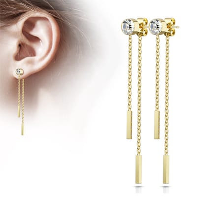 Oorbellen stud met vrij hangende dubbele ketting balkje - goud - LMPiercings