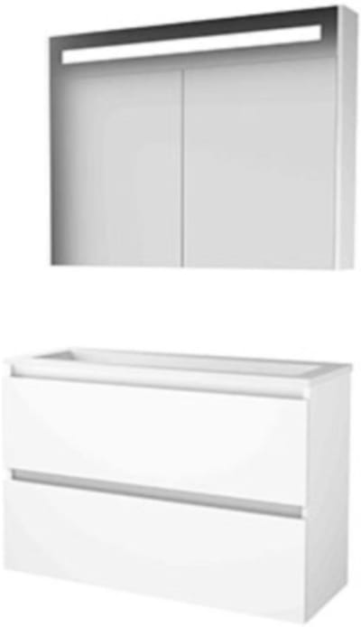Basic-Line Premium 39 Badkamermeubelset - Ondiep - 100 x 39 cm - Greeploos - 2 Lades - Acryl Wastafel - Zonder Kraangat - Spiegelkast met LED Verlichting - Ice White