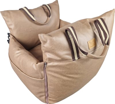 ElegaPet Luxe Waterproof Autostoel voor Hond - Kwalitatieve autozitje gemaakt van Cognac Vegan Leer - Exclusieve hondenmand voor in de auto - Autobench voor puppy/ hond