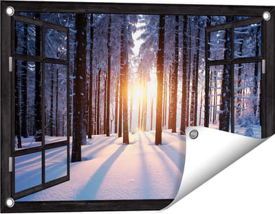 Gards Tuinposter Doorkijk Bos met Sneeuw tijdens de Zonsondergang - 60x40 cm - Tuindoek - Tuindecoratie - Wanddecoratie buiten - Tuinschilderij