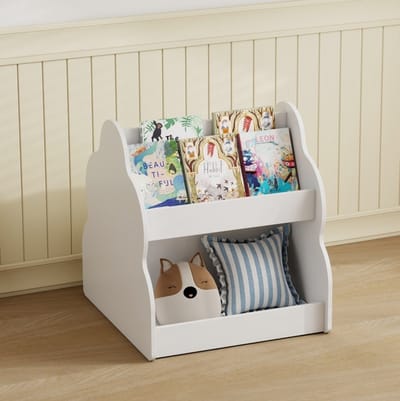 MEUNIQ kinderboekenrek 54 x 50 x 56 cm met 4 open vakken en 4 wielen, dubbelzijdige boekenkast voor kinderkamer of speelkamer, wit