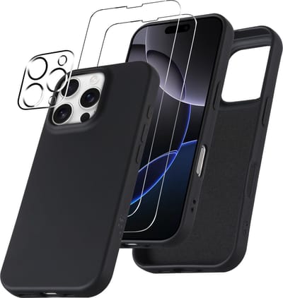 Hoesje Geschikt voor iPhone 16 Pro – Zacht siliconen liquid backcover met 2x screenprotectors gehard glas en 1x lens protector – Zwart