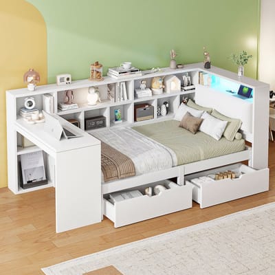 DESMIU L-Vormig Platformbed 90x200cm – Bed Met Bureau, Boekenkast En Hoofdbordopbergruimte – Met Ledverlichting – Voor Jeugd Of Slaapkamer – Wit – Zonder Matras