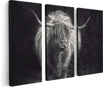 Artaza Canvas Schilderij Drieluik Schotse Hooglander Koe - Zwart Wit - 120x80 - Foto Op Canvas - Canvas Print